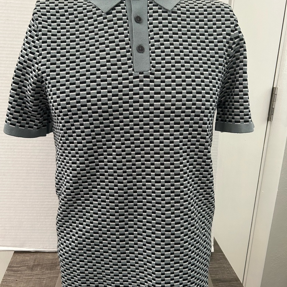 Perry Ellis Black and Gray Checkered Polo Shirt